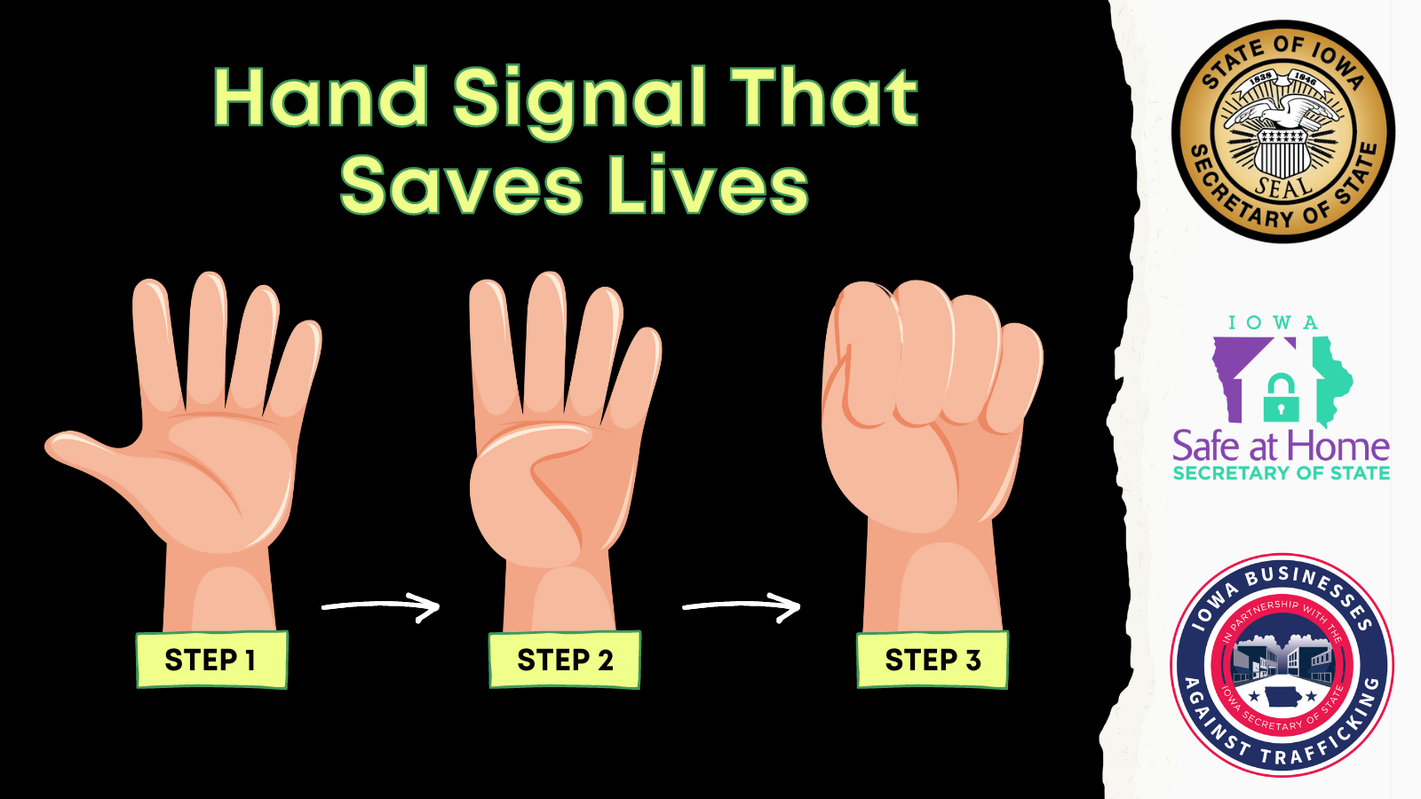 Hand Signal that Saves Lives. A photo of an open hand where a thumb crosses into the hand and closes into a fist.